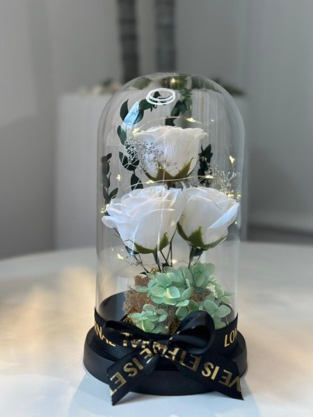 تحفة زجاج وردة أبيض عريض مع اضاءة