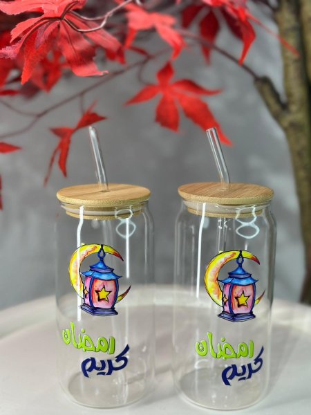 كاسة شفاف مع مصاصة رمضان كريم فانوس
