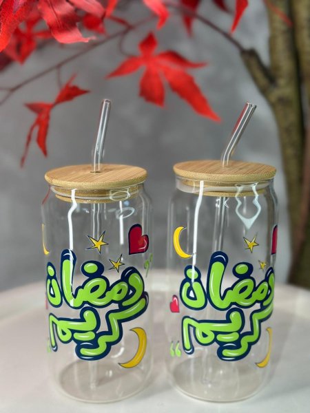 كاسة شفاف مع مصاصة رمضان كريم لون اخضر