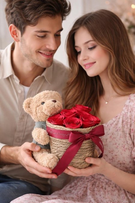 دب بني حامل باقة ورد