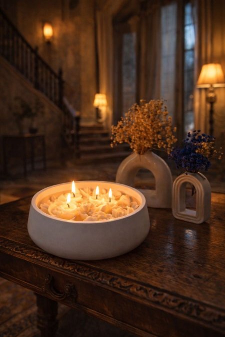 شمعه مع ورد حوض كبير