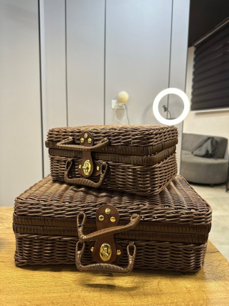 سلة قش شنطة بني غامق طقم قطعتين