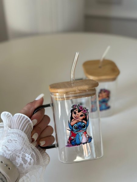 كاسة شفاف ايس كوفي  ستيتش & ليلو طوق ورد