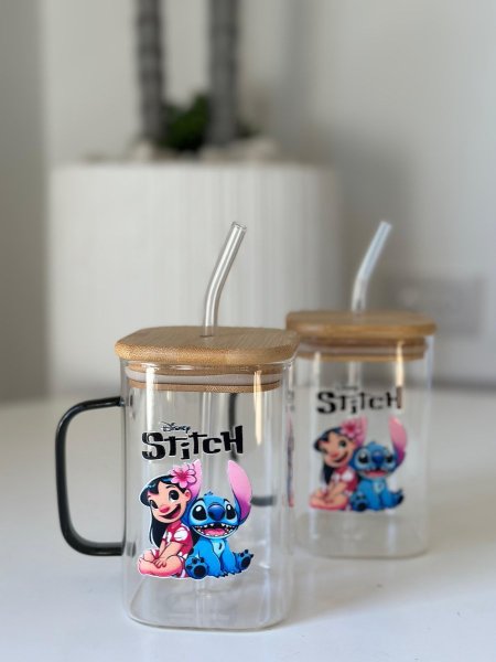 كاسة شفاف ايس كوفي  ستيتش & ليلو وردة